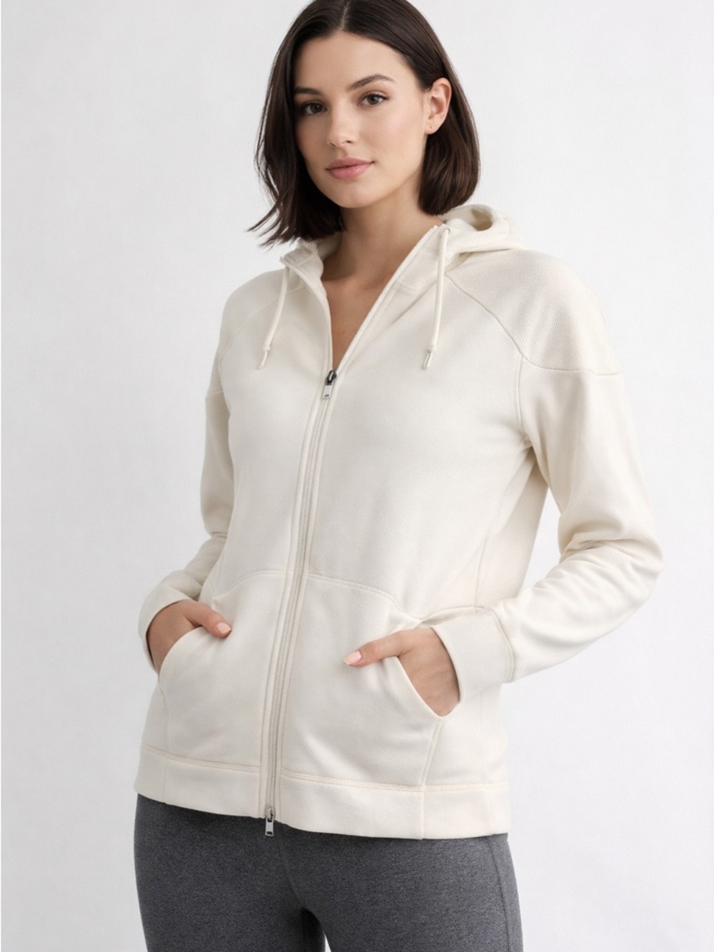 Sweaty Betty White/Ivory Full-Zip Scuba-Knit Hoodie Jacket Size Med Athleisure